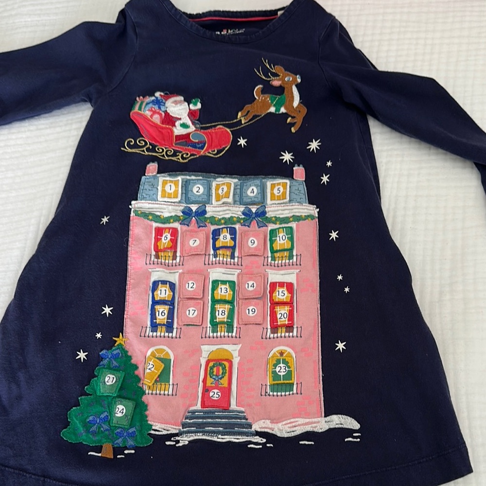 Mini Boden Navy Dress with Festive Print